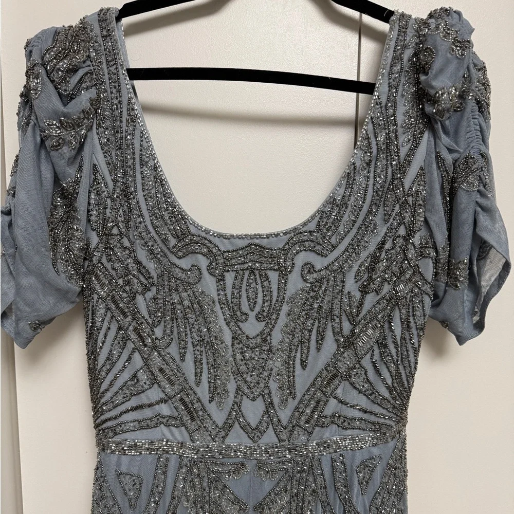 NWT |Mac Duggal A5434 Silver Short Sleeve Beaded A-line Tea Length Dress Size 10 - Picture 9 of 16